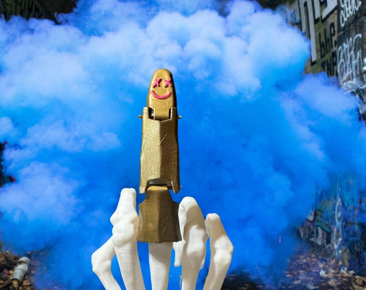 Painted Jinx-inspired mechanical finger wearable cosplay prop by GrimForg3D